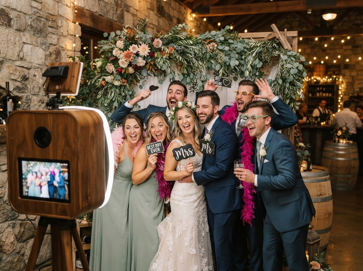 Wedding guests using a photo booth in Egg Harbor City.