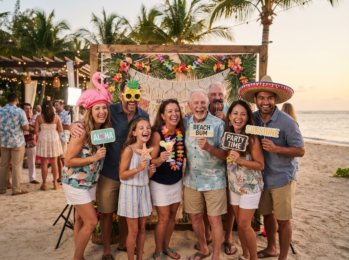 Family and friend group using photo booth props in Brigantine.