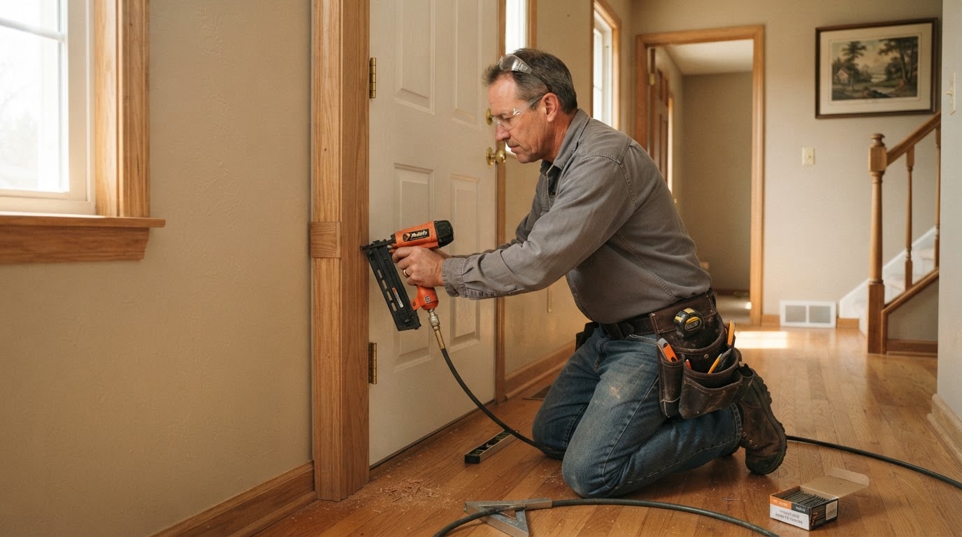 Carpenter performing finish trim work inside an established North County-style suburban Florissant home interior