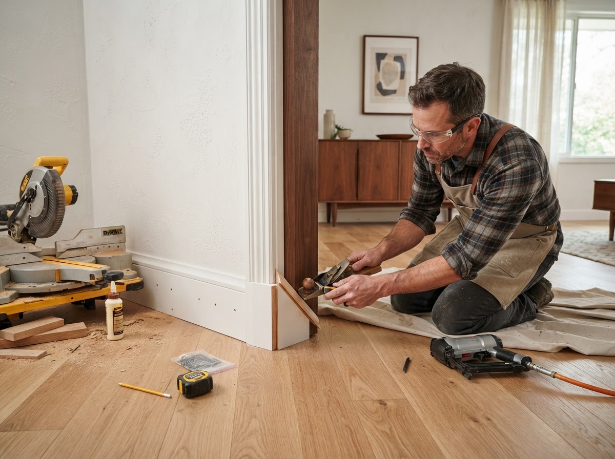 Baseboard and trim installation with miter joints in a mid-century St. Ann residential interior