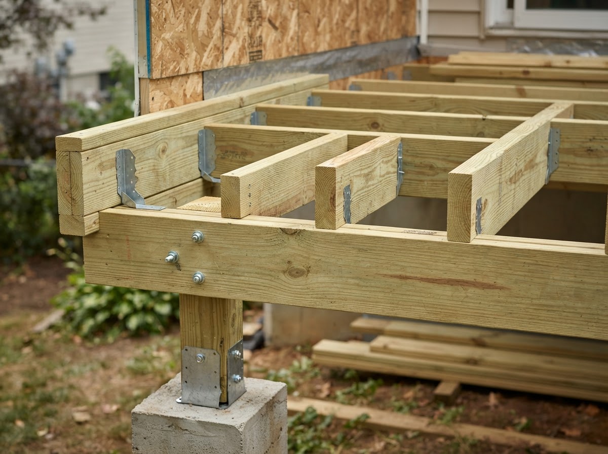 Deck framing with joists, blocking, and structural connectors in pressure-treated lumber
