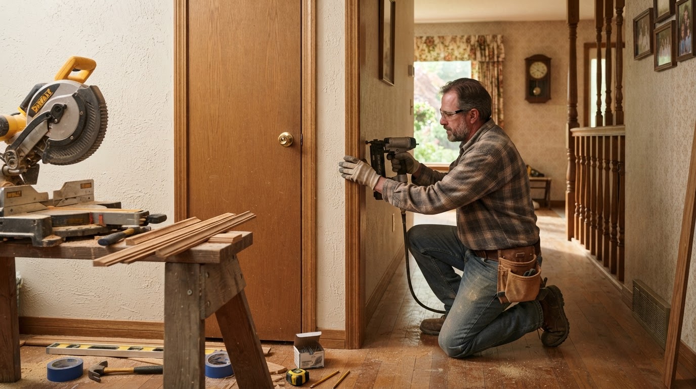 Carpenter fitting door casing and molding in an established Maryland Heights-style suburban home interior