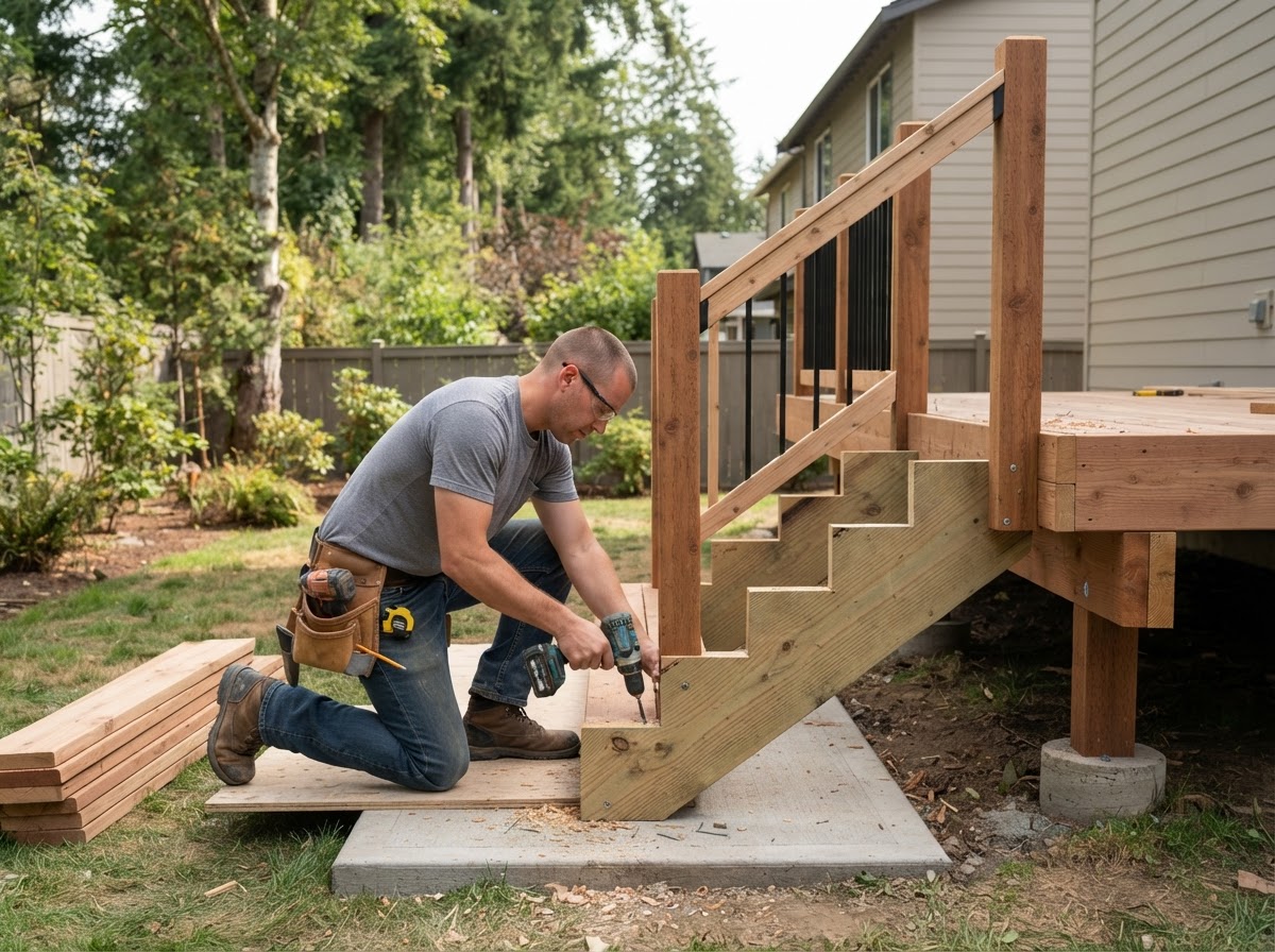 Carpenter installing deck stair stringers and treads with handrail posts on a residential deck in Hazelwood