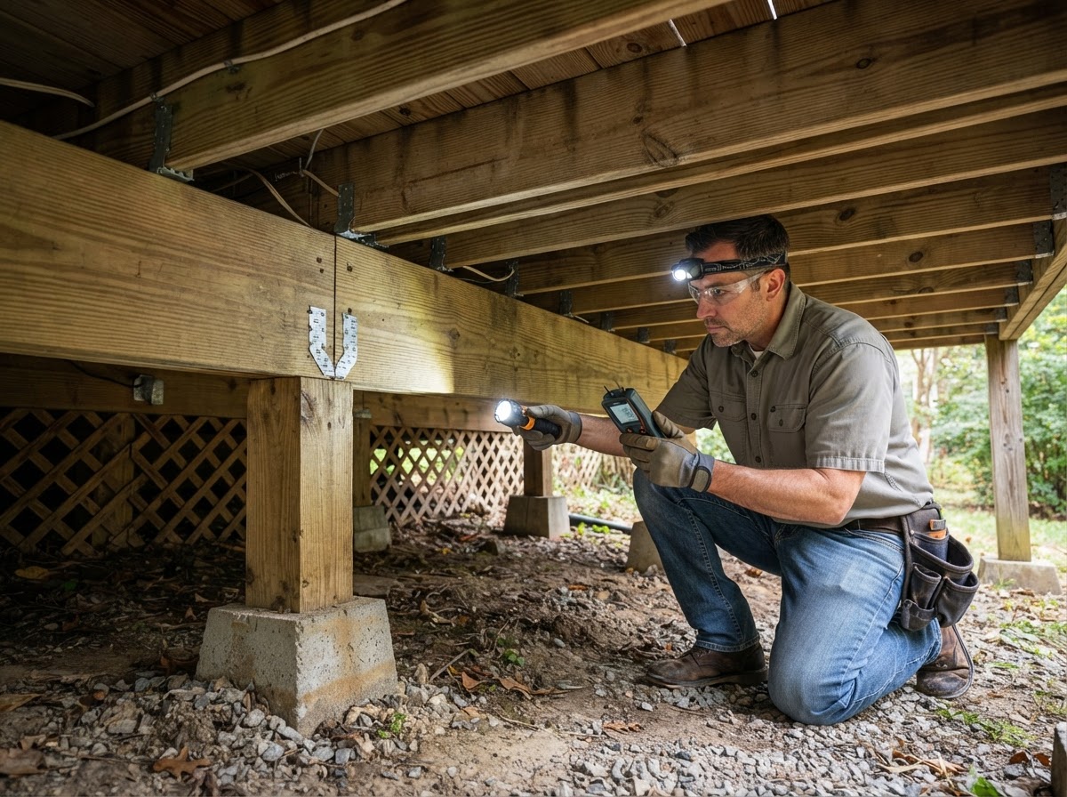 Carpenter inspecting accessible deck framing and joist condition during a deck repair