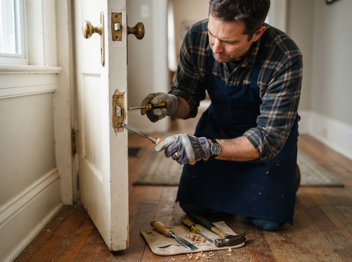 Carpenter adjusting a strike plate and latch alignment on a door jamb