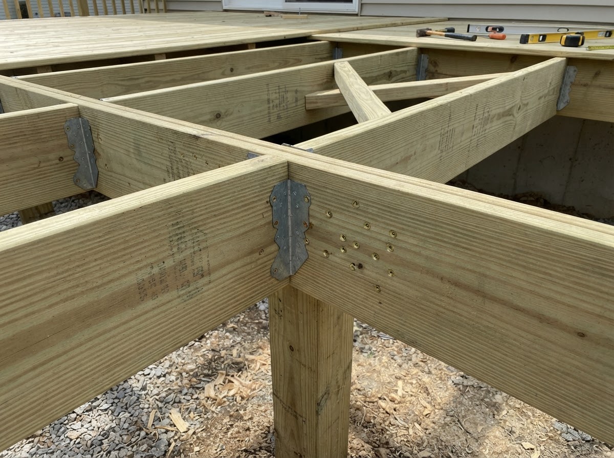 Wood deck construction with pressure-treated lumber framing and decking in Hazelwood