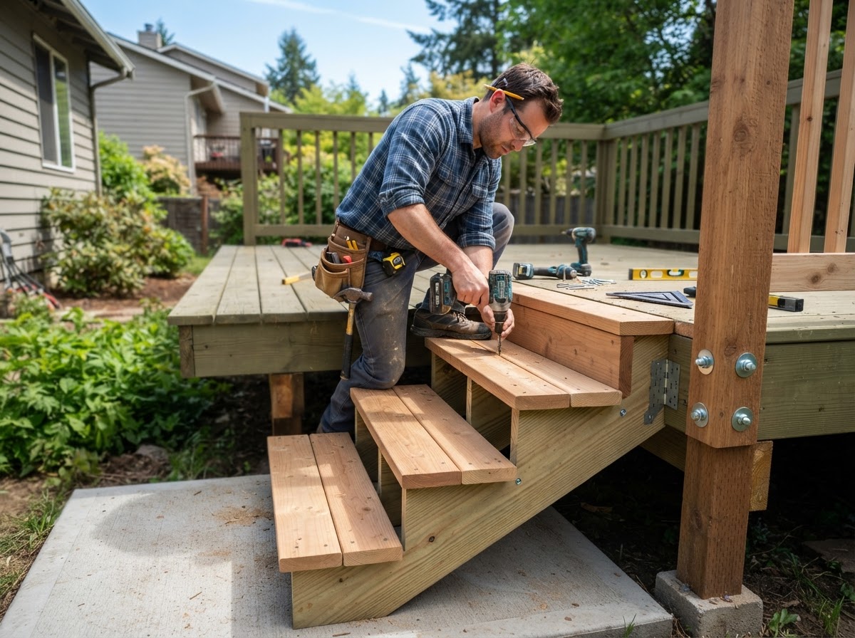 Deck stairs and railings carpentry with stringers, treads, handrails, and guards