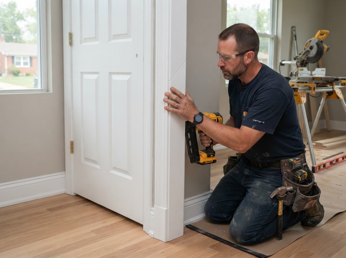 Carpenter installing interior door casing and baseboard trim with miter joints in a suburban St. Louis County home