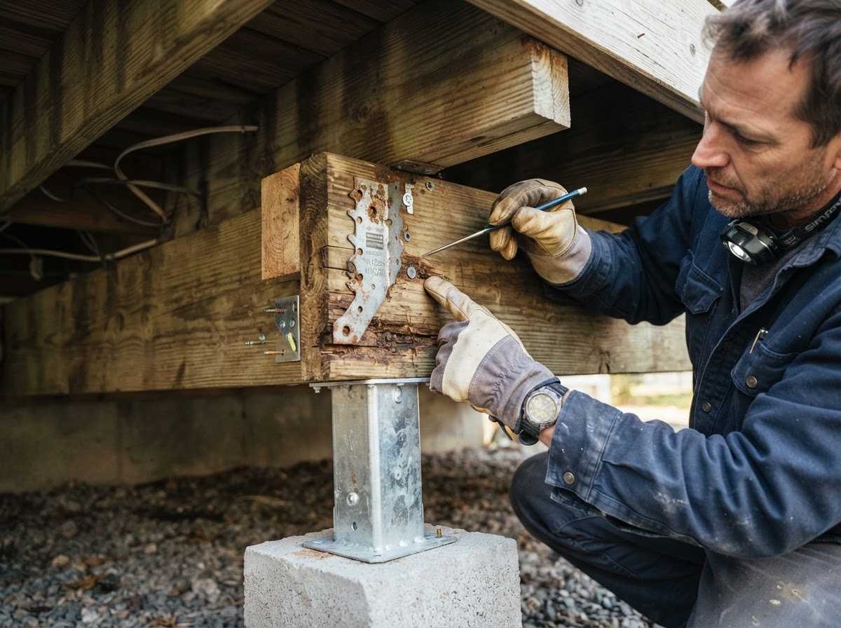 Carpenter inspecting accessible deck framing and joist condition during a Bridgeton deck repair