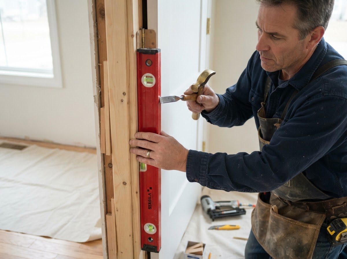 Exterior door installation with threshold and weather sealing preparation in a Hazelwood home
