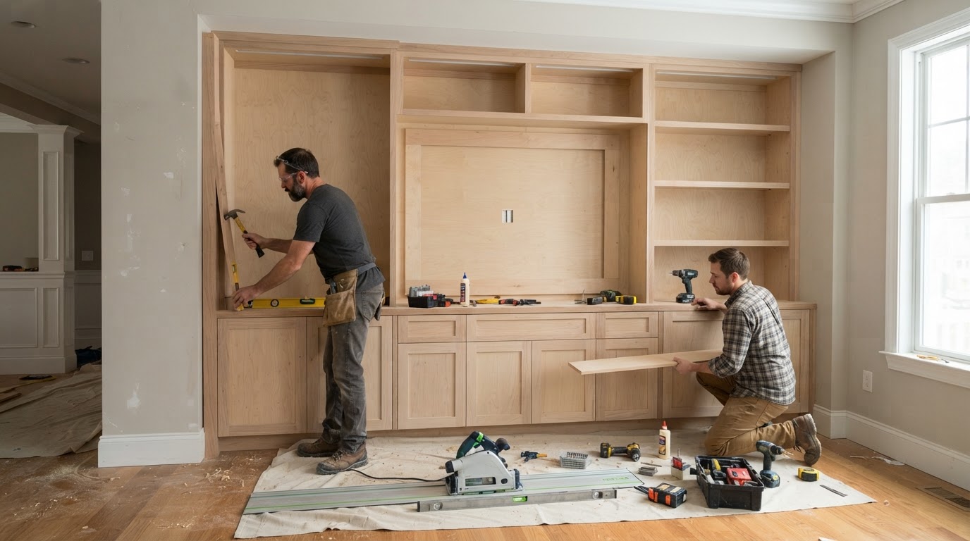 Fitted custom built-in cabinetry installation in a Hazelwood residential interior with hardwood face frames