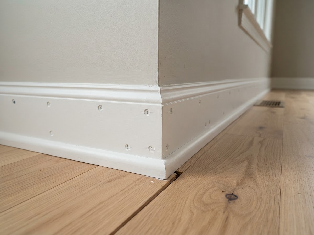 Newly installed baseboards and finish trim along a clean Hazelwood wall and floor transition