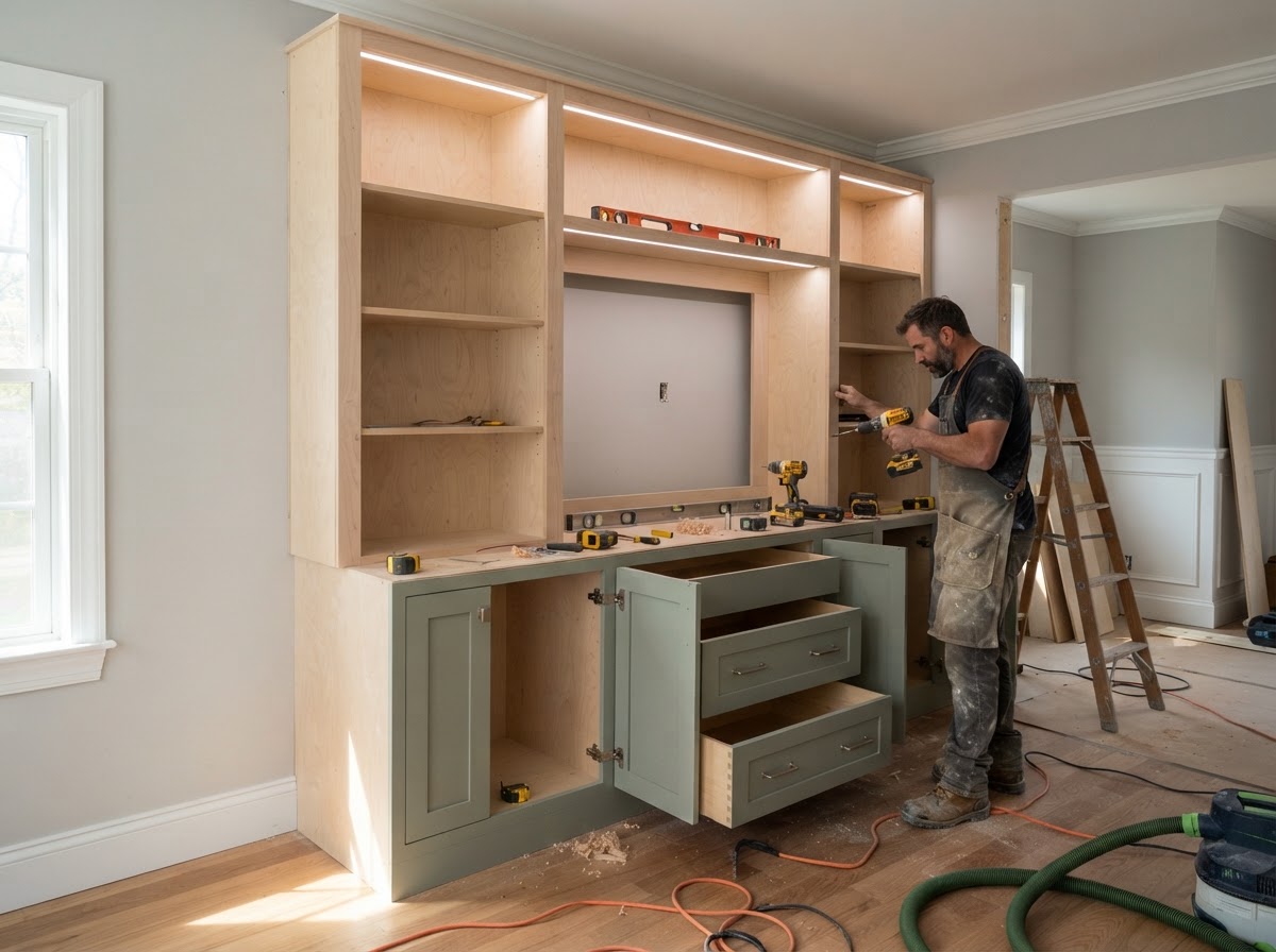 Custom cabinetry assembly using cabinet-grade plywood and hardwood face frames