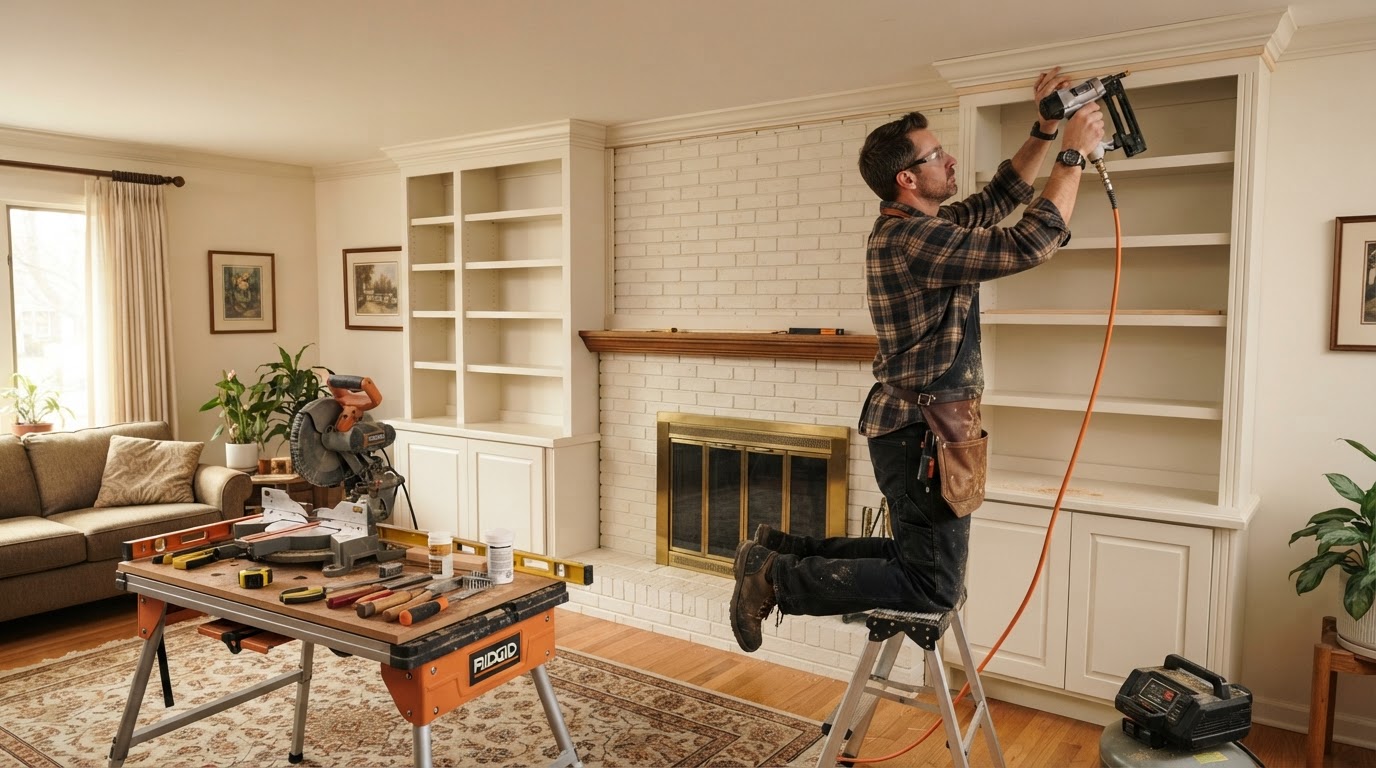 Carpenter installing custom built-in shelving and finish trim in a well-maintained Maryland Heights-style suburban interior