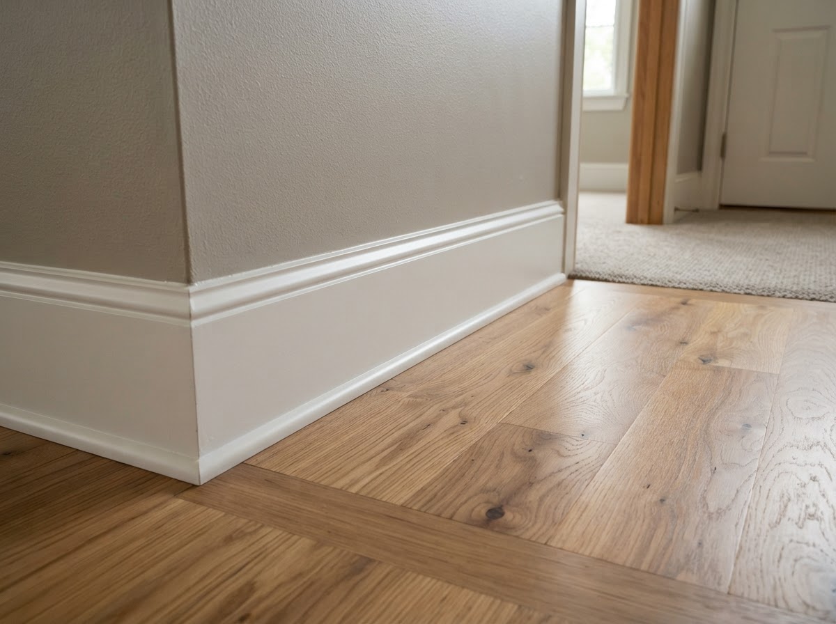 Shoe molding closing the wall-to-floor gap at a hardwood flooring transition
