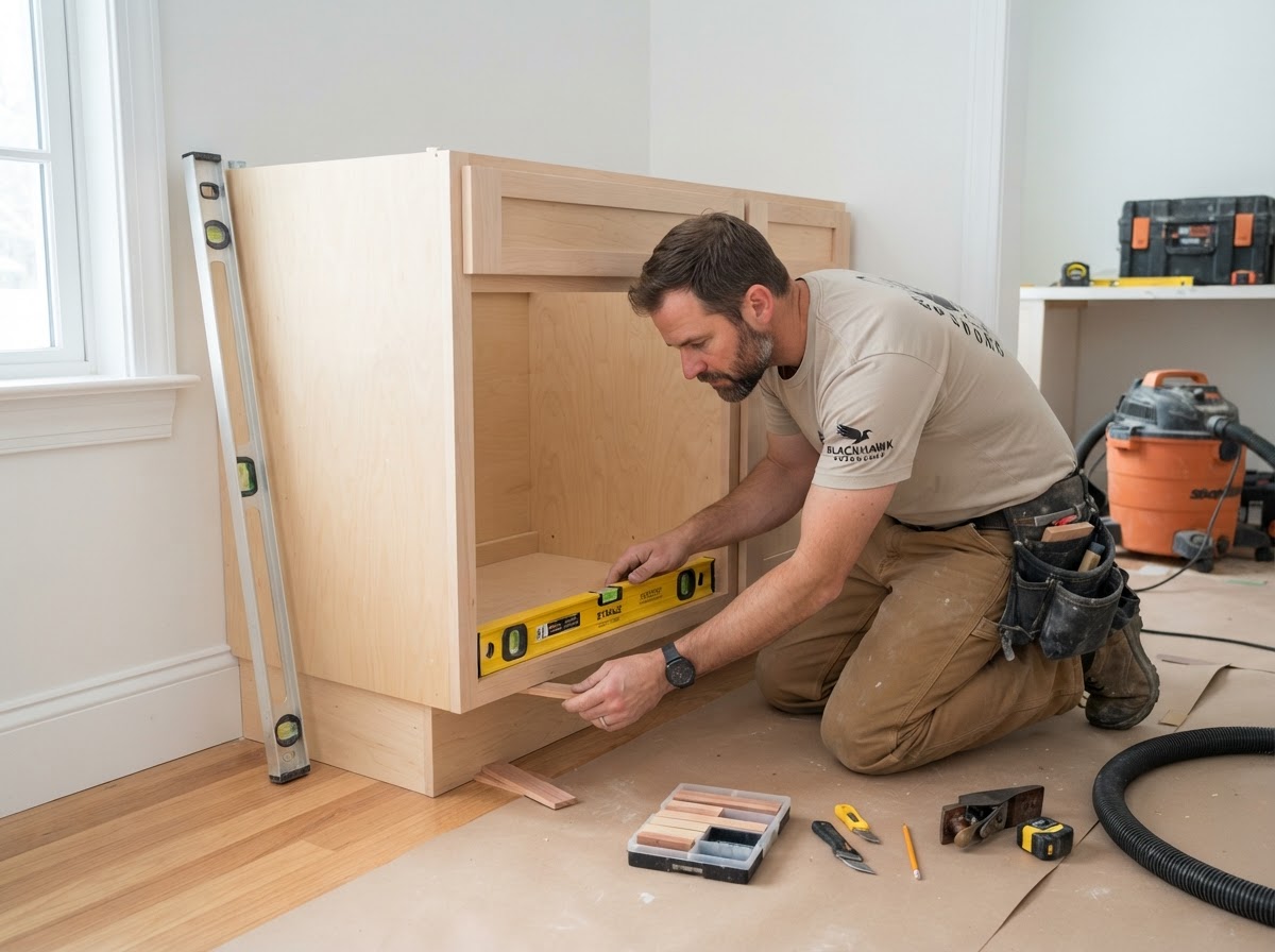 Custom cabinetry being fitted and leveled in a Florissant-style alcove