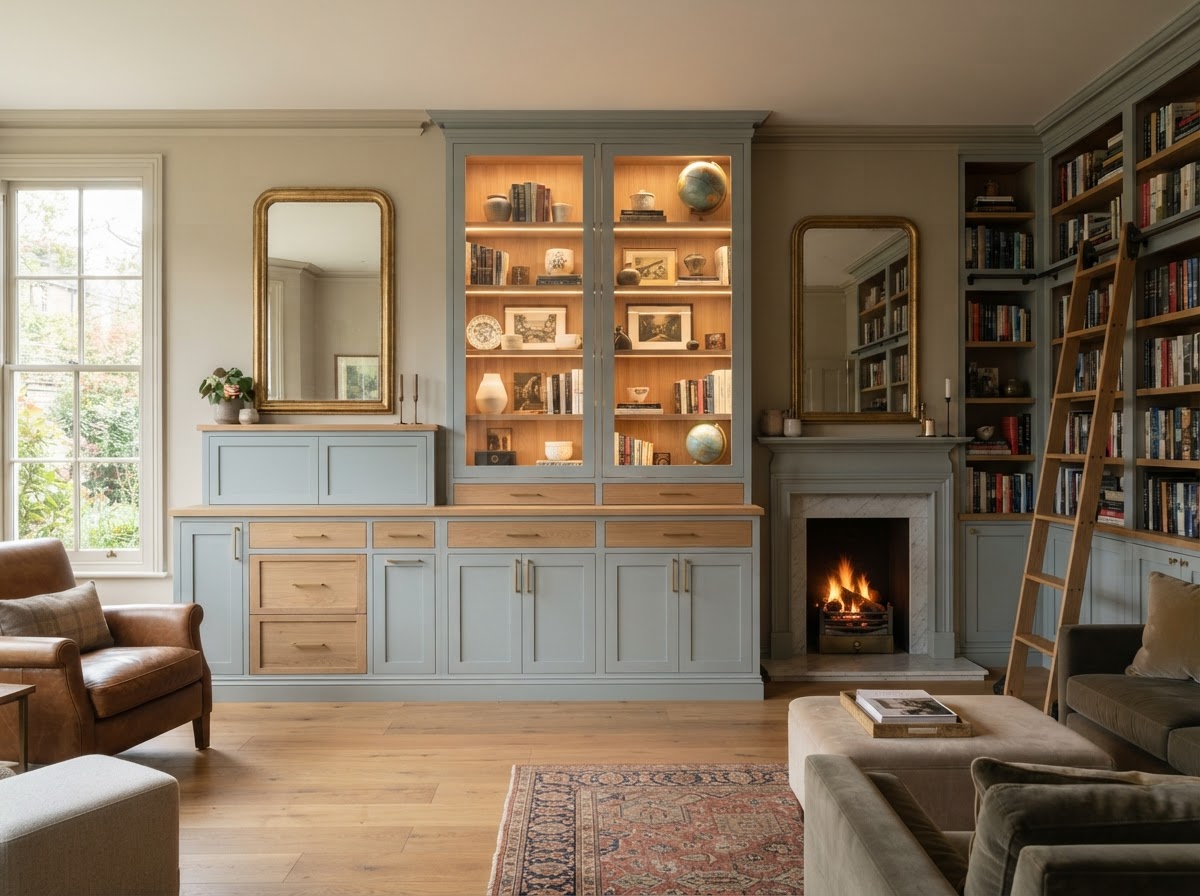 Finished custom cabinetry with aligned doors, drawers, and consistent reveals in a large established interior