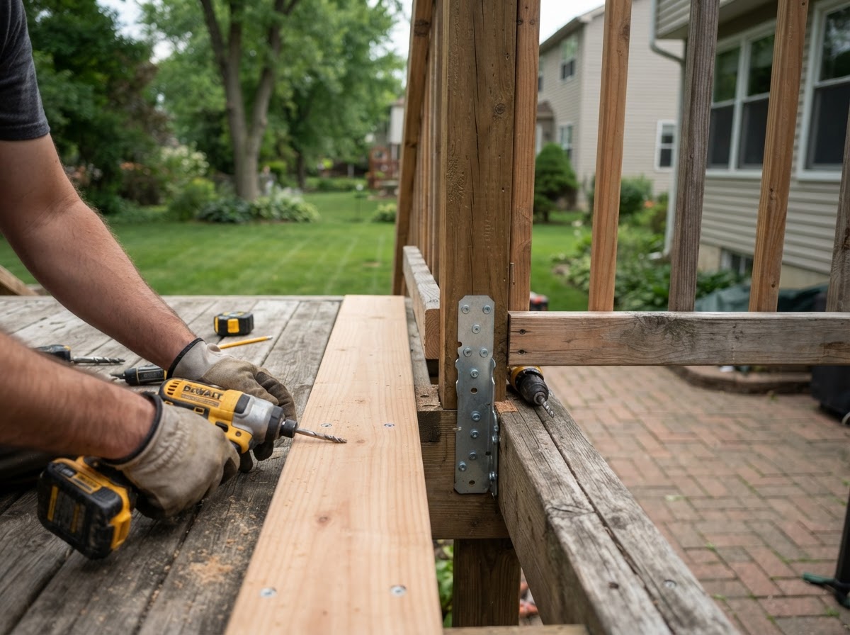 Carpenter replacing worn deck boards with pressure-treated lumber in a Bridgeton backyard