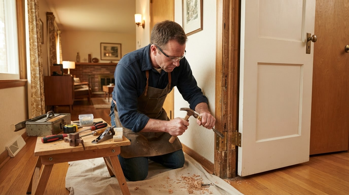Carpenter repairing a door jamb and hinges inside an established mid-century postwar St. Ann home interior