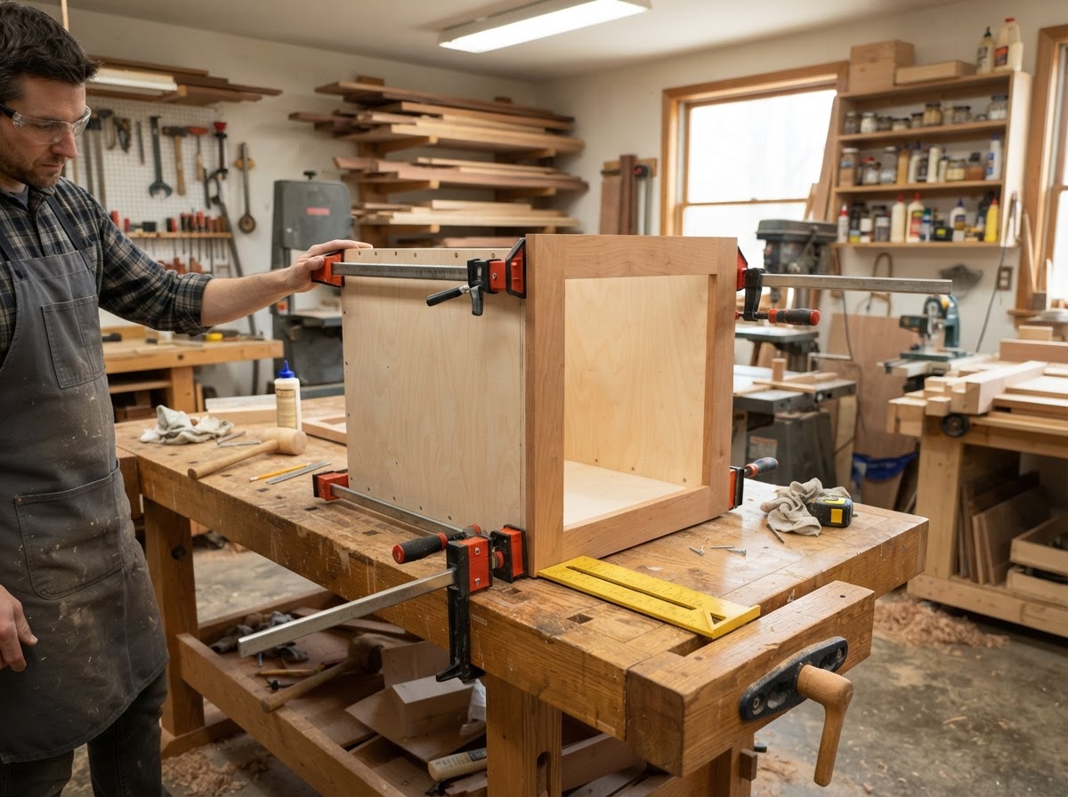 Cabinet casework with face frames and cabinet-grade plywood assembled with clamps