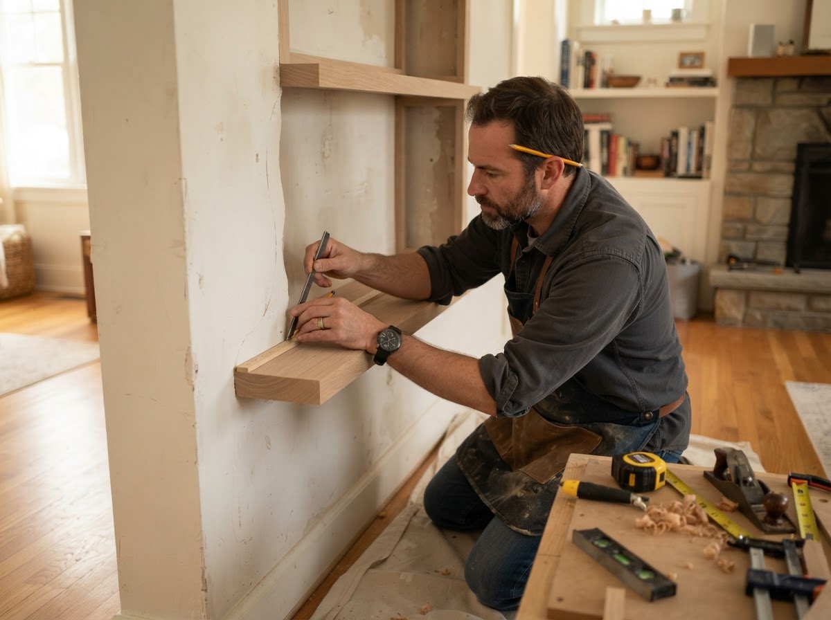 Carpenter scribing alcove shelving into a recessed wall niche