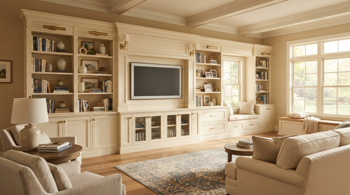 Custom cabinetry fitted along a large wall span in a spacious established Creve Coeur-style suburban home interior