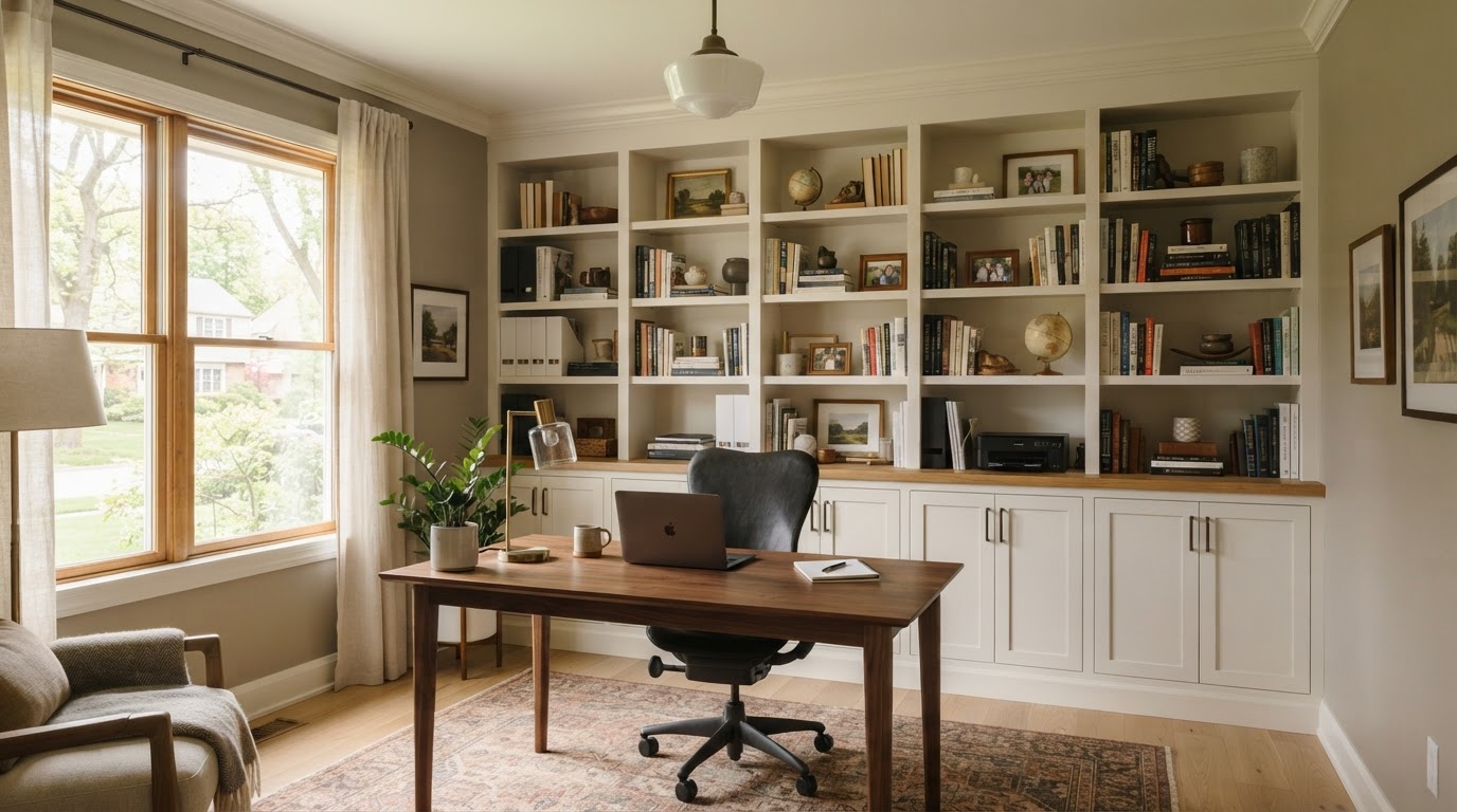 Built-in bookcases and shelving fitted wall-to-wall in a Maryland Heights-style suburban home office