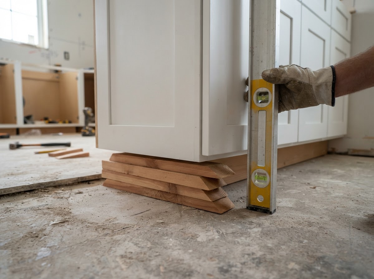 Base cabinet installation with shims and level checking plumb against an uneven floor