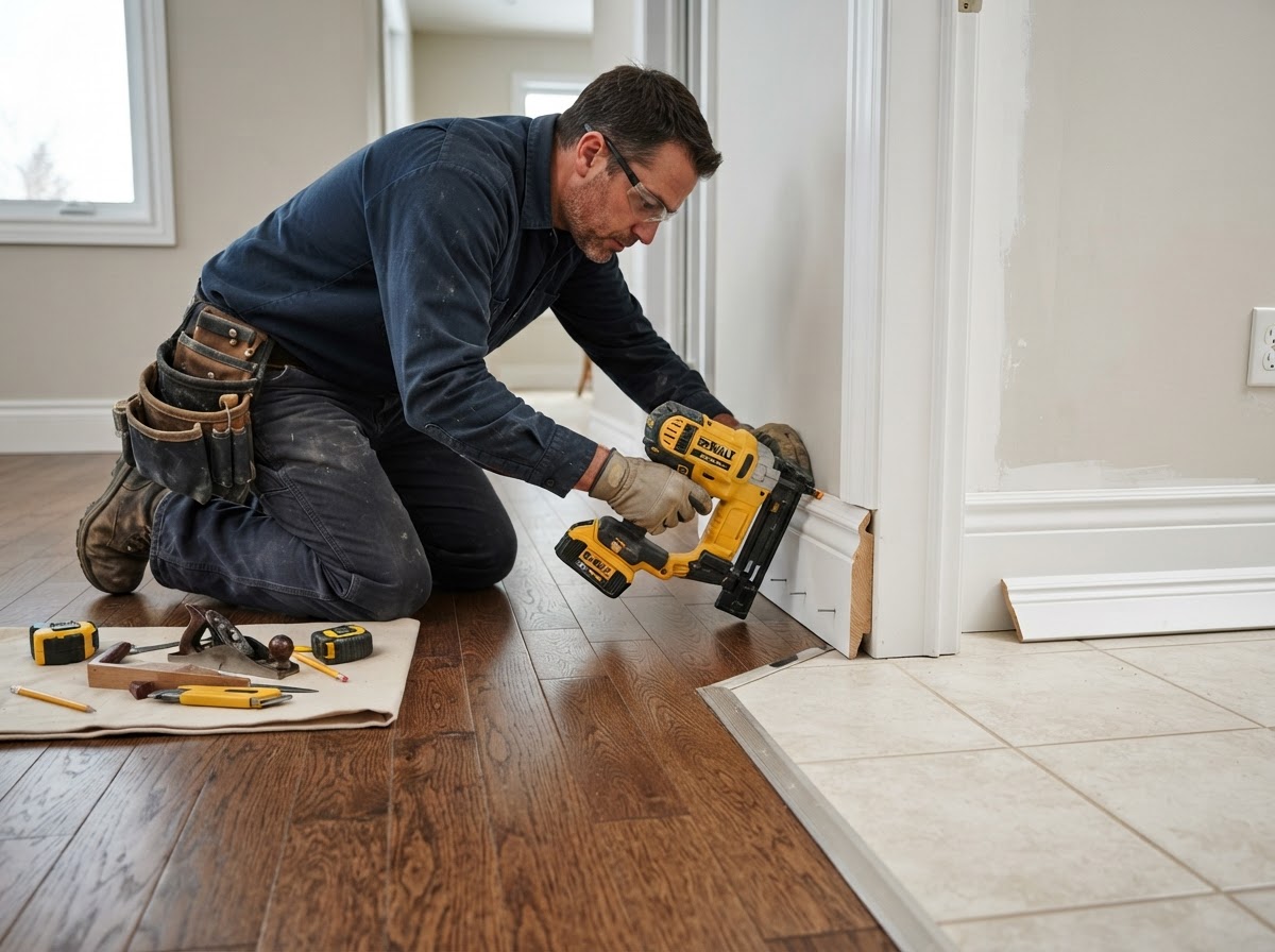 Baseboard installation scribed to a flooring transition in a suburban home