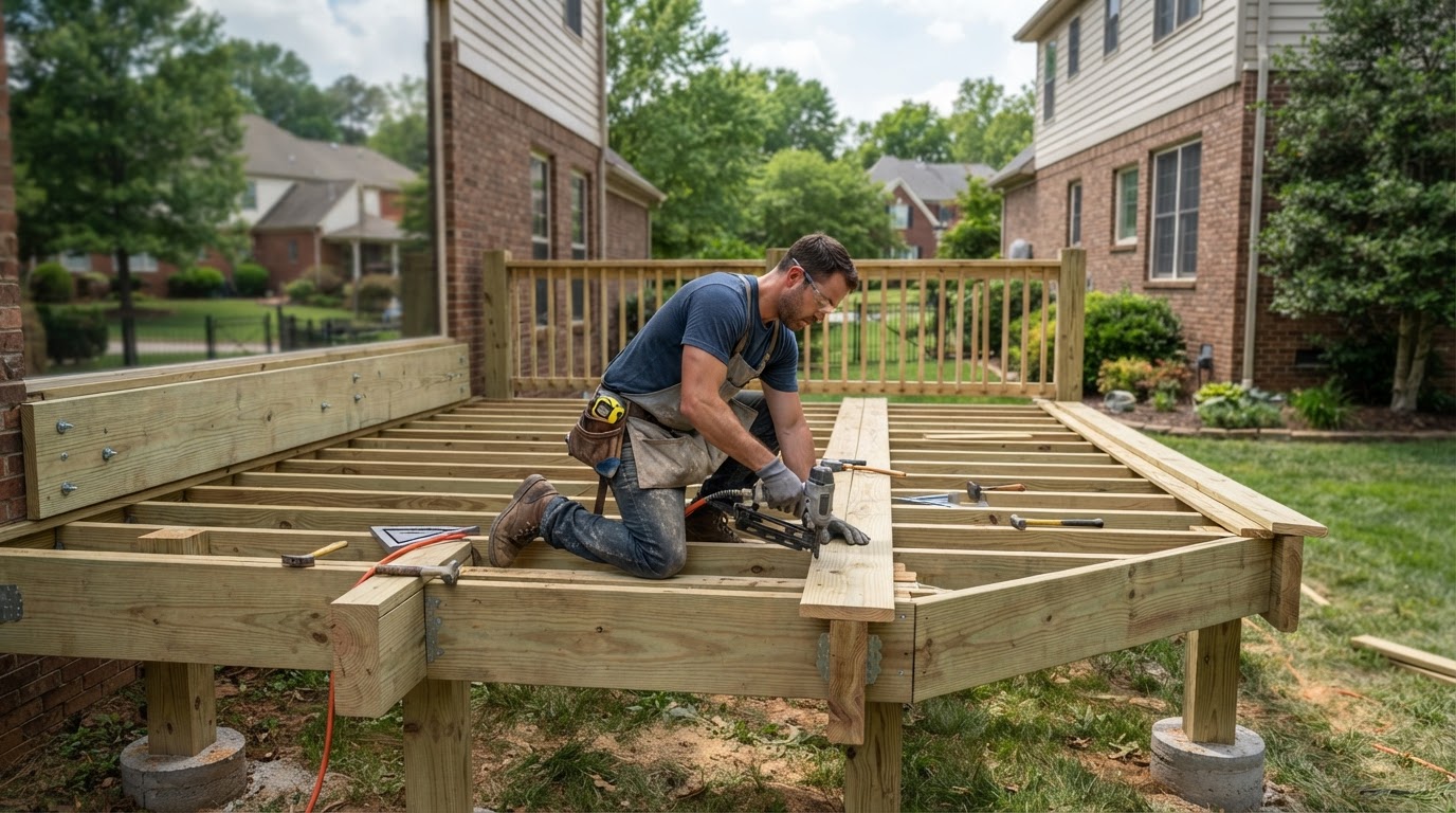 Carpenter framing a new residential deck with pressure-treated lumber in a Maryland Heights-style suburban backyard