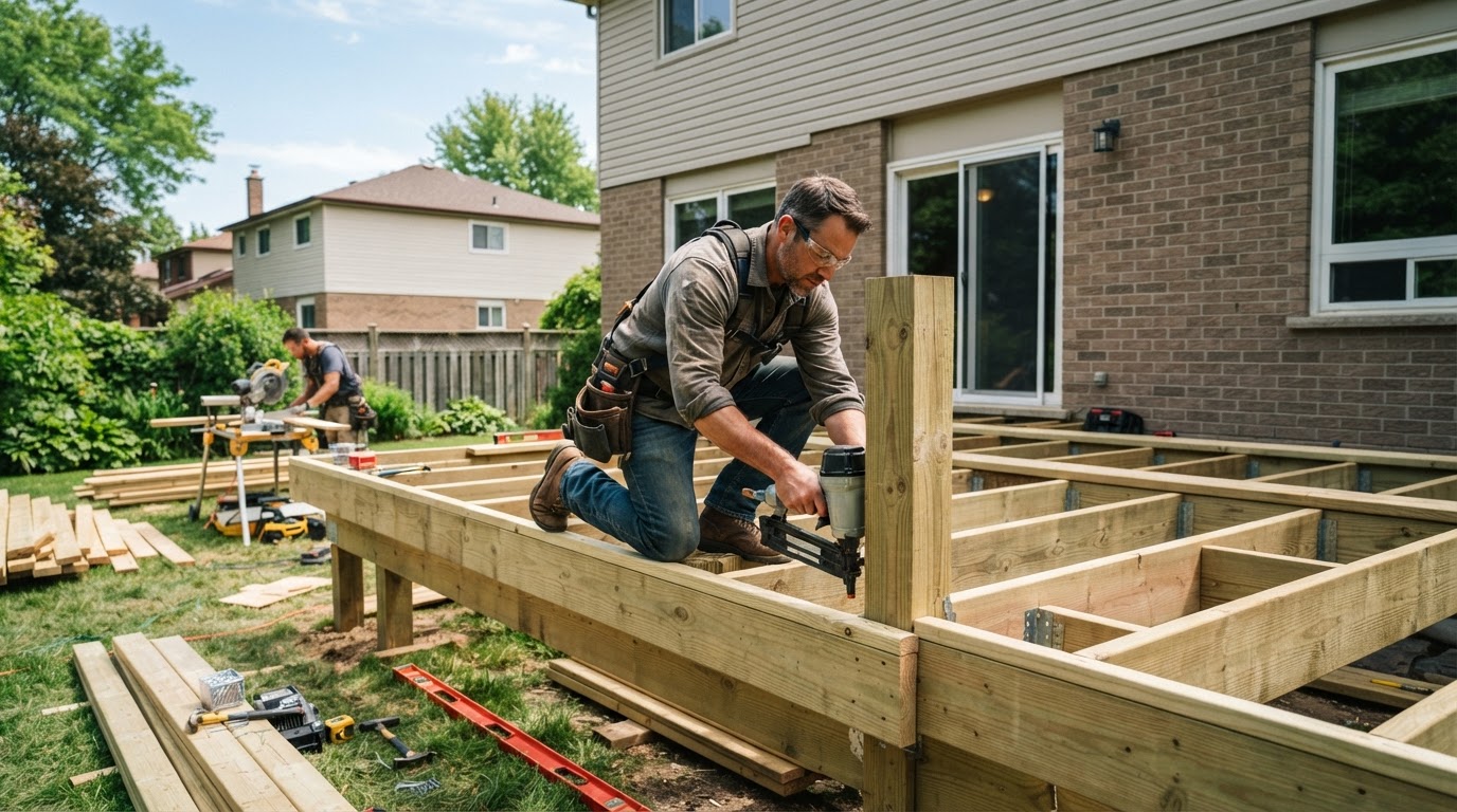 Carpenter framing and building a residential deck in a realistic Hazelwood suburban backyard