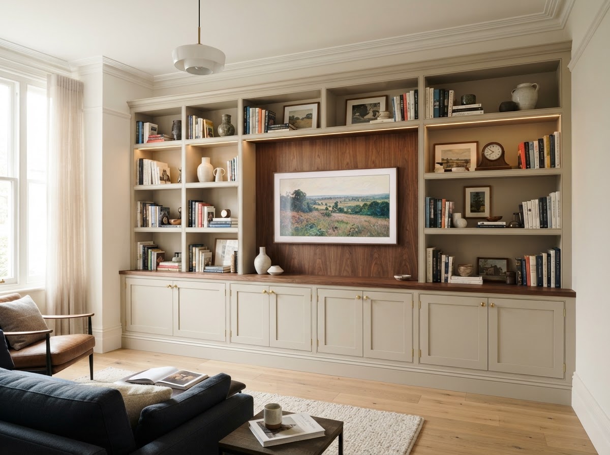 Built-in bookcase and shelving fitted with scribe fillers and face frames inside a Creve Coeur living area