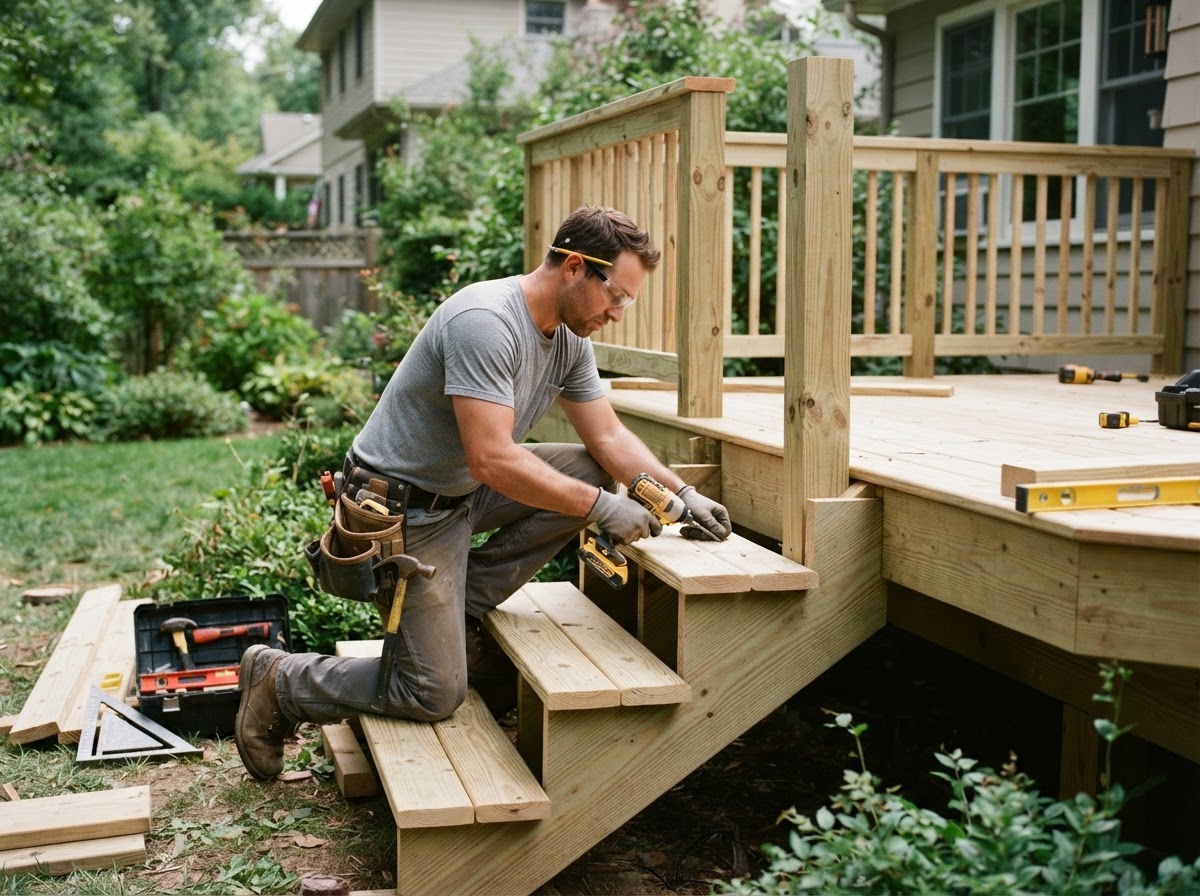 Carpenter working on deck stairs and railing components, fitting stringers treads and rail posts in Hazelwood