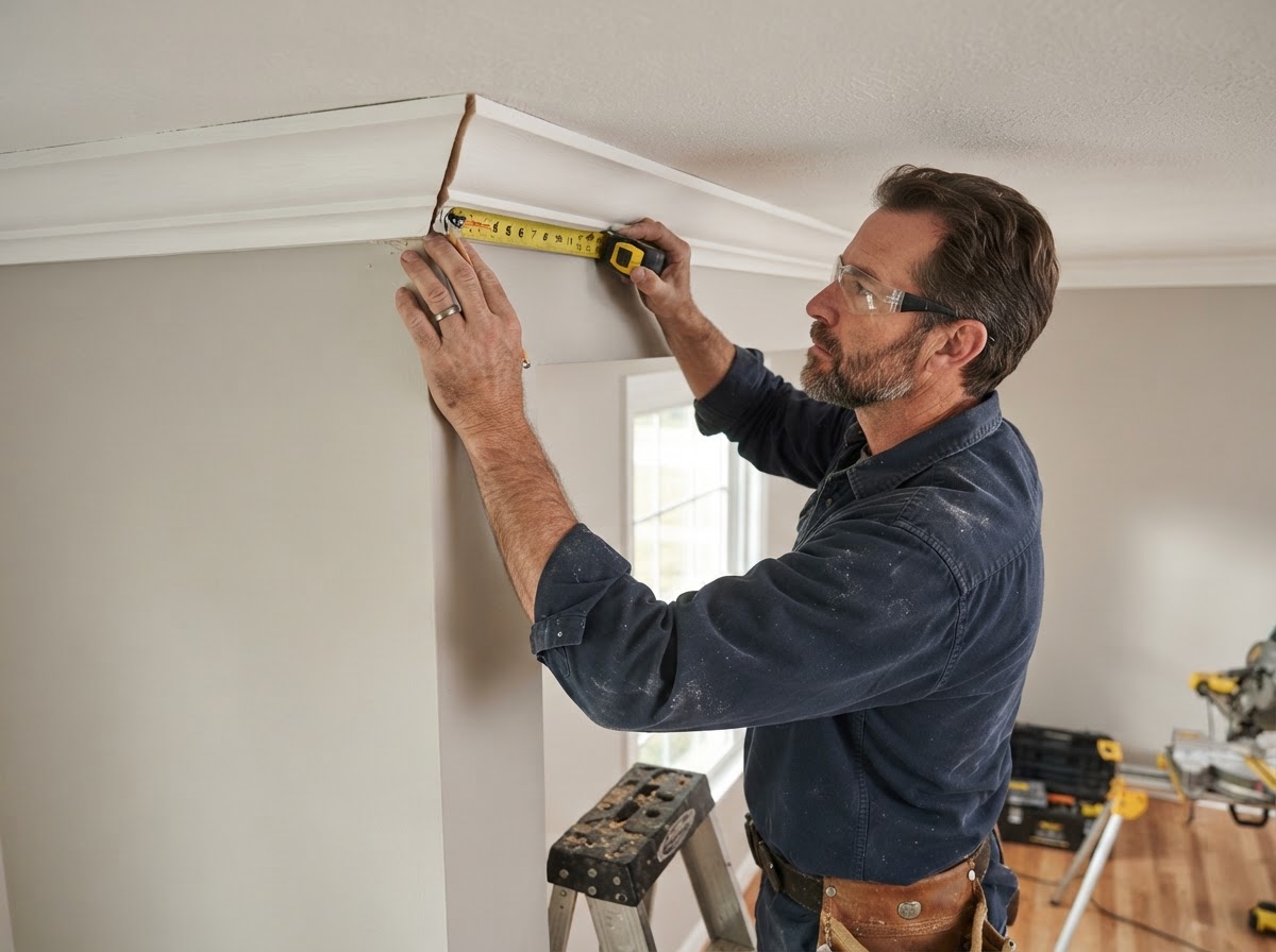 Carpenter measuring and fitting crown molding at a ceiling corner in a Hazelwood residence