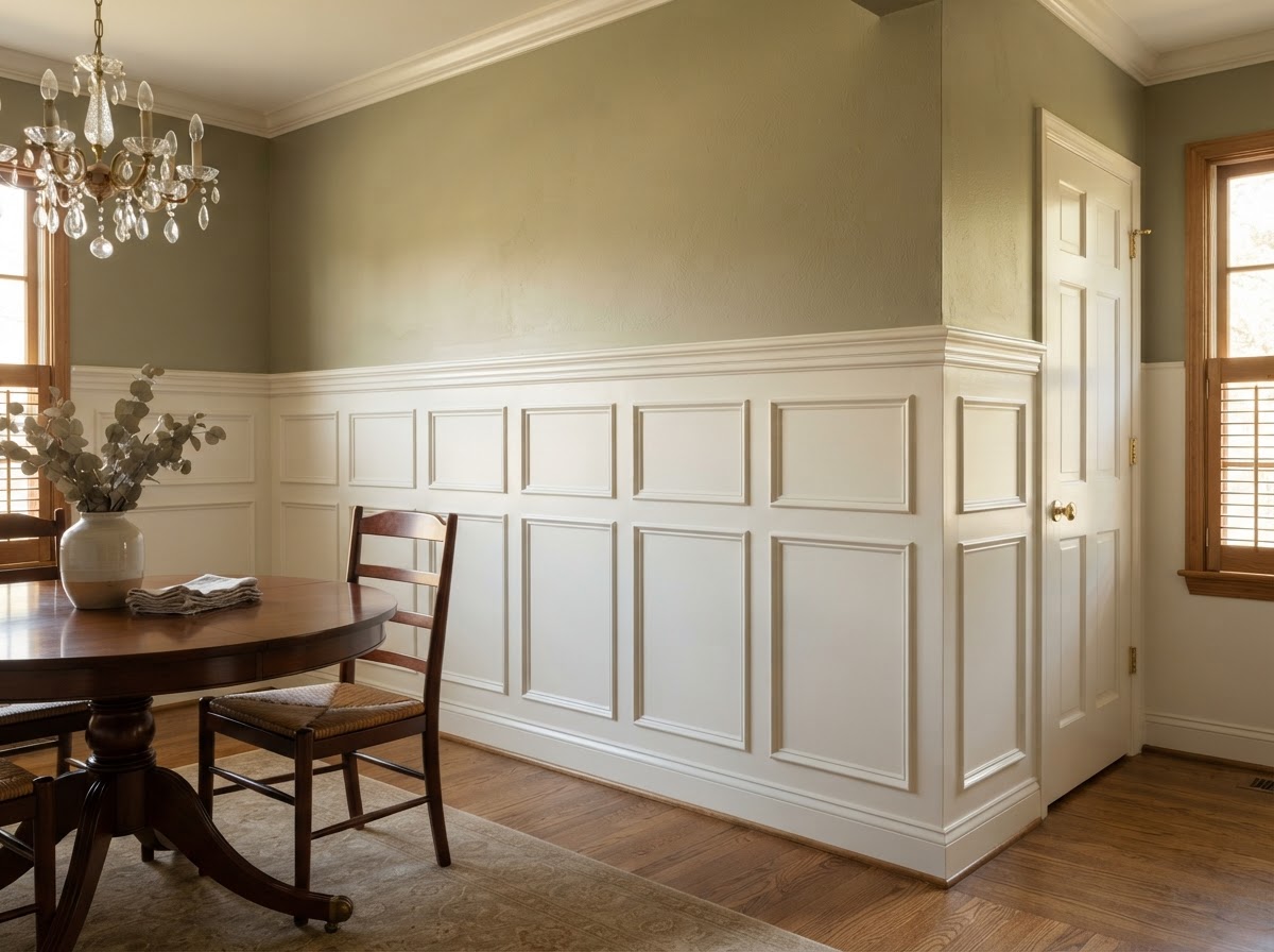 Finished wainscoting room detail with chair rail and even panel spacing