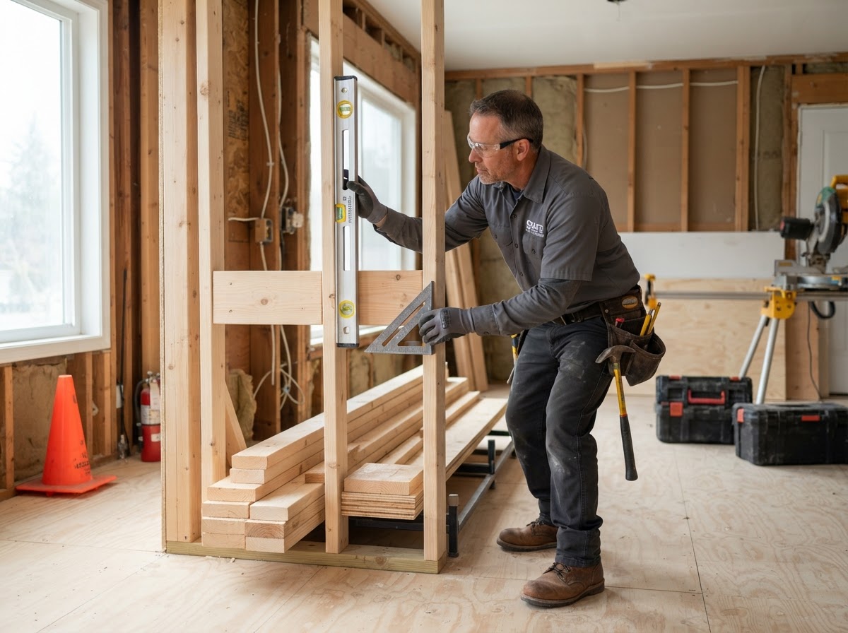 Framing and structural carpentry repair context with safe professional work setup