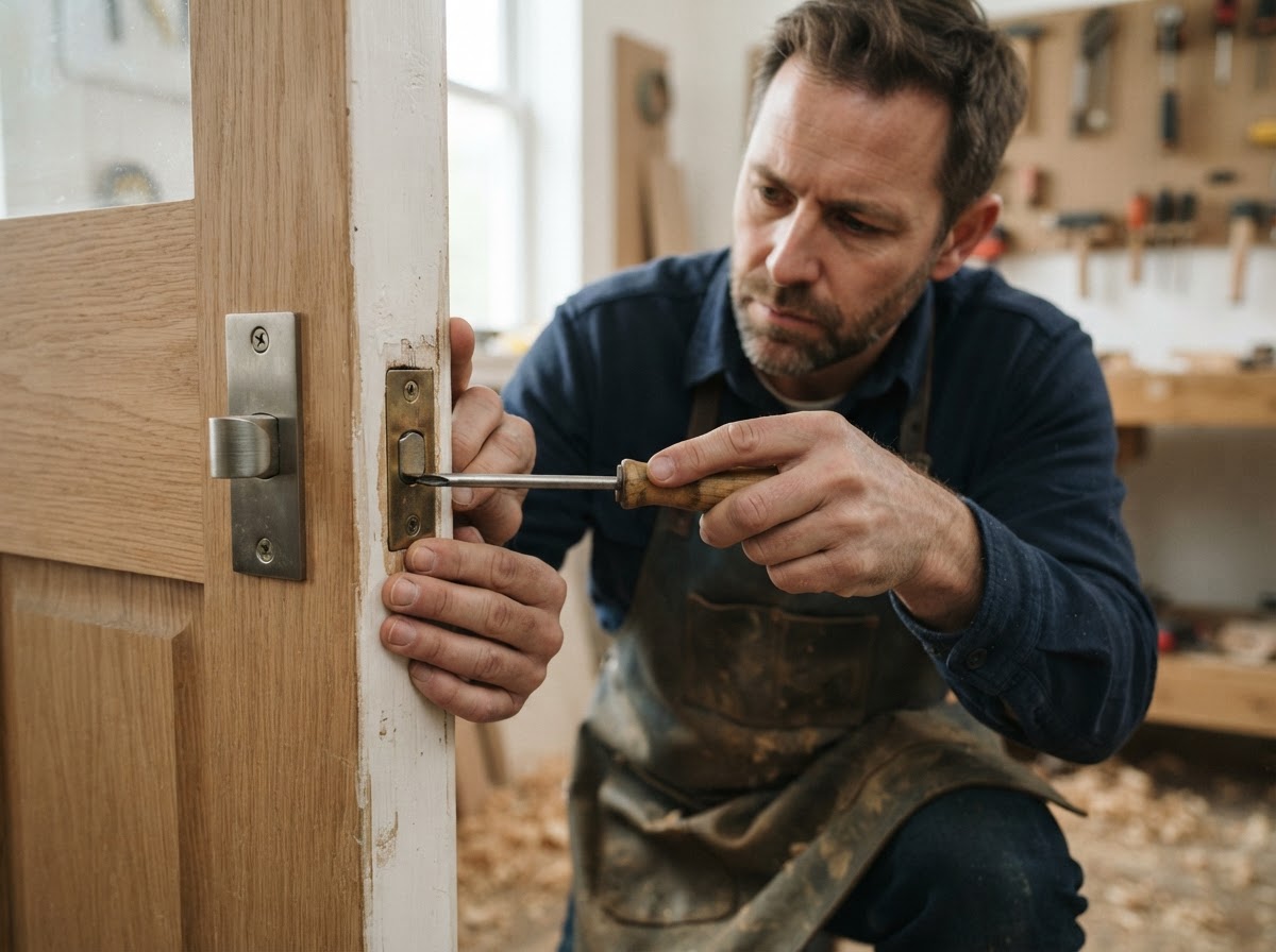Carpenter adjusting a door strike plate and latch alignment on a door jamb in a Hazelwood home