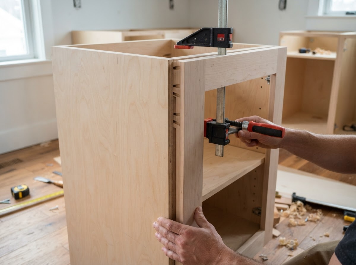 Custom cabinetry casework being fitted with cabinet-grade plywood and face frames inside a Creve Coeur residential interior