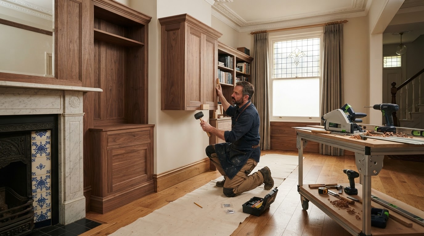 Carpenter fitting custom cabinetry inside a traditional St. Charles residential interior with classic architectural character