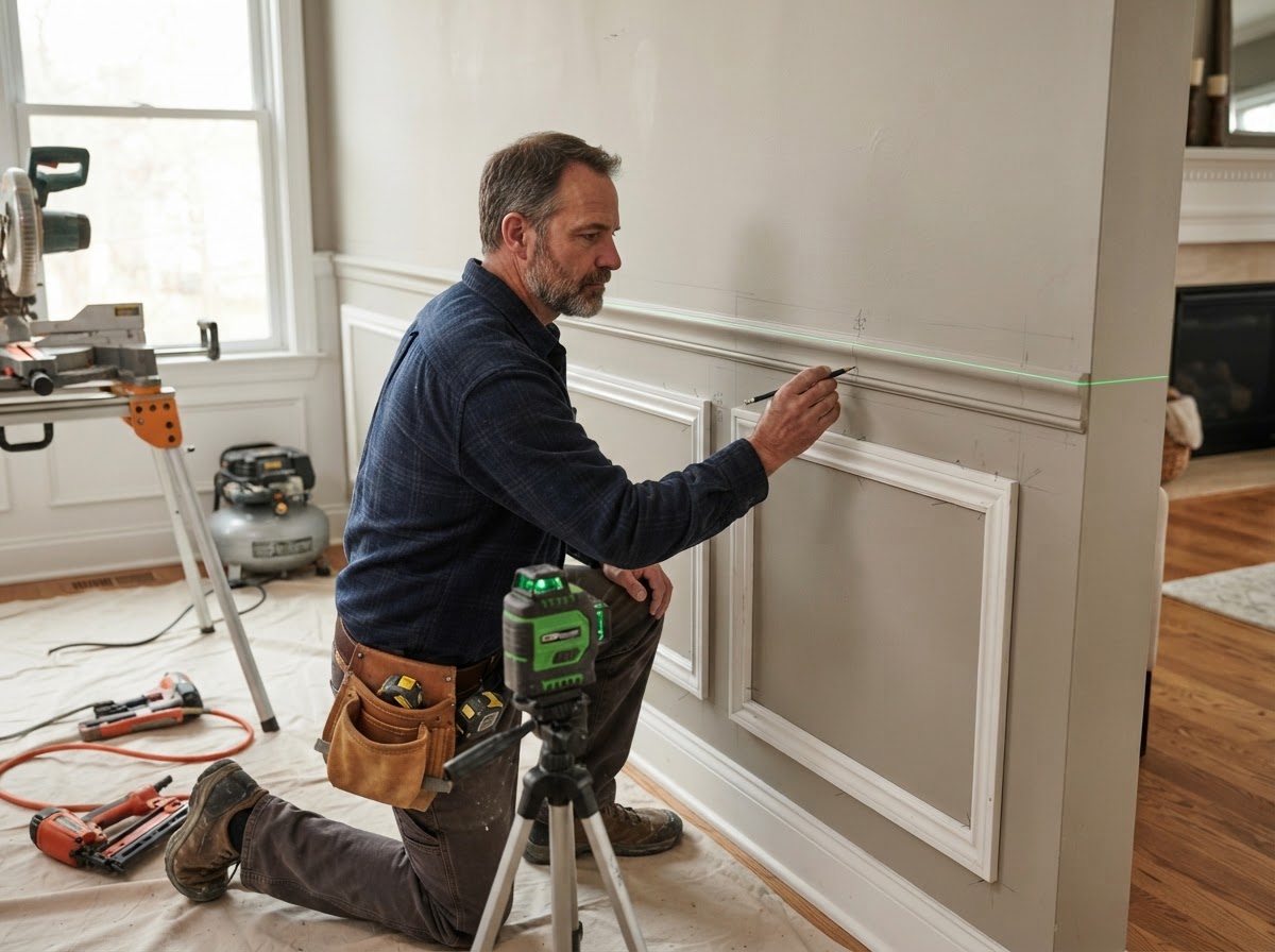 Carpenter laying out picture-frame wall molding with a laser level reference line