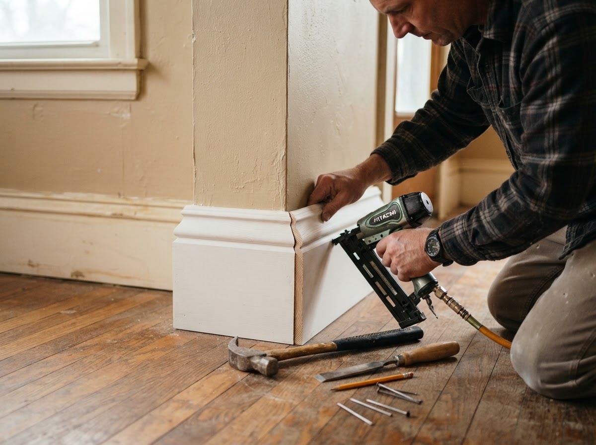 Replacement trim and baseboard miter fitting in a Bridgeton-style interior