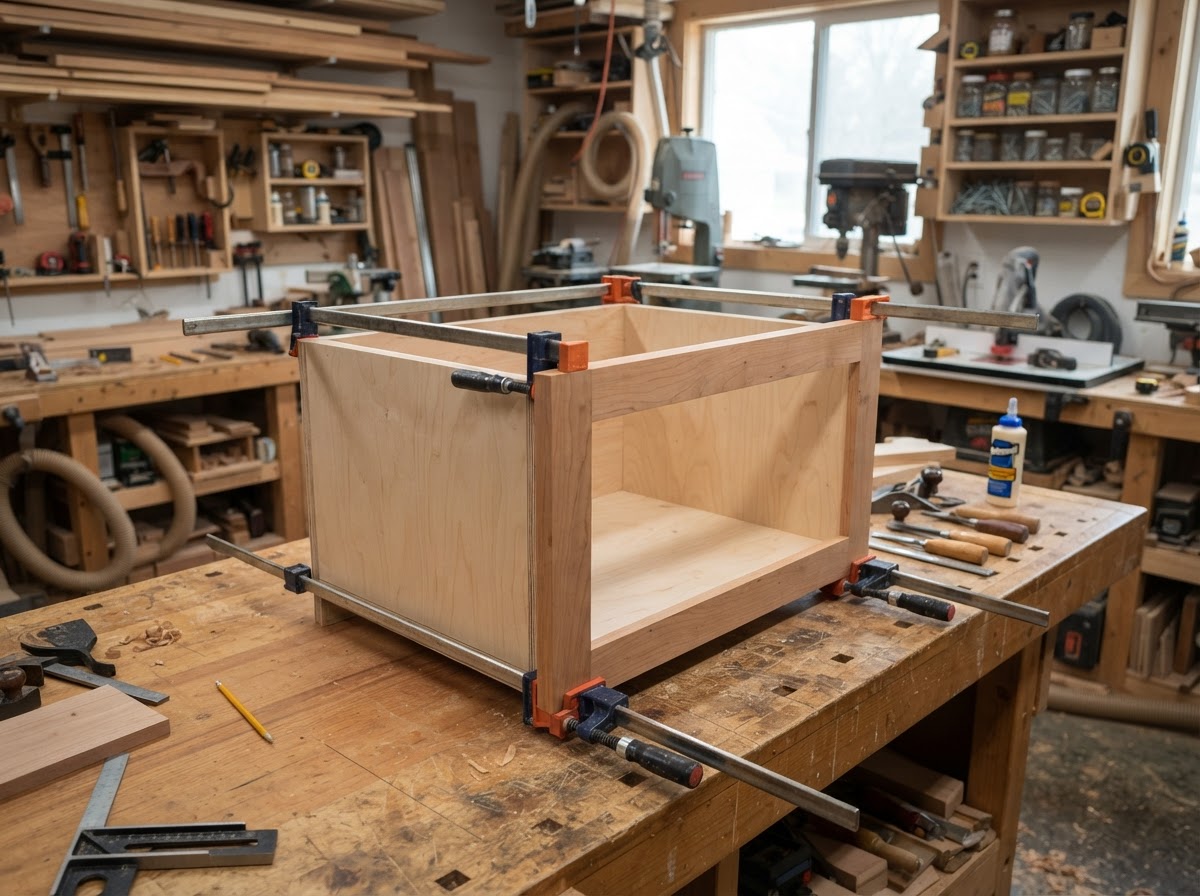Cabinet casework with cabinet-grade plywood panels and hardwood face frames assembled with clamps