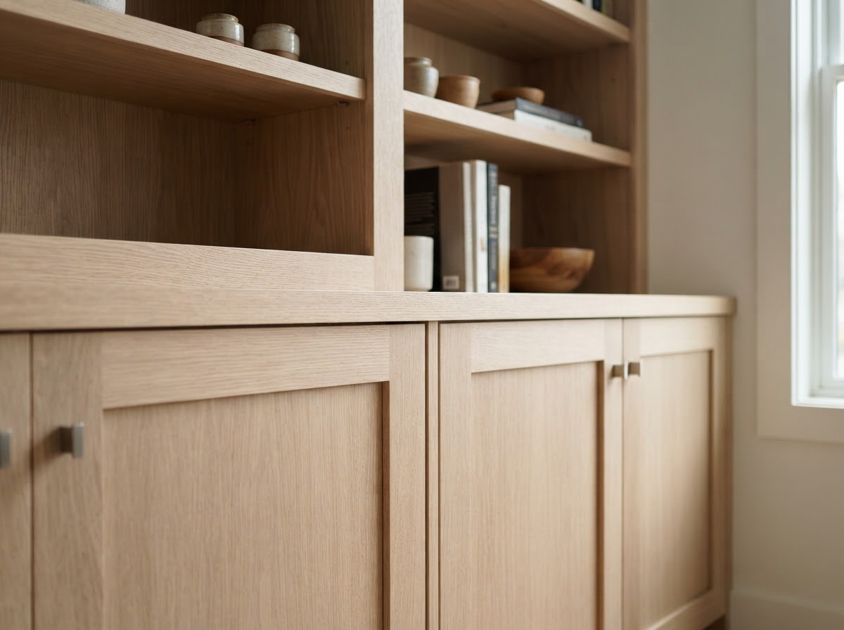 Cabinet-and-shelf storage unit combining closed lower cabinets with open upper shelving