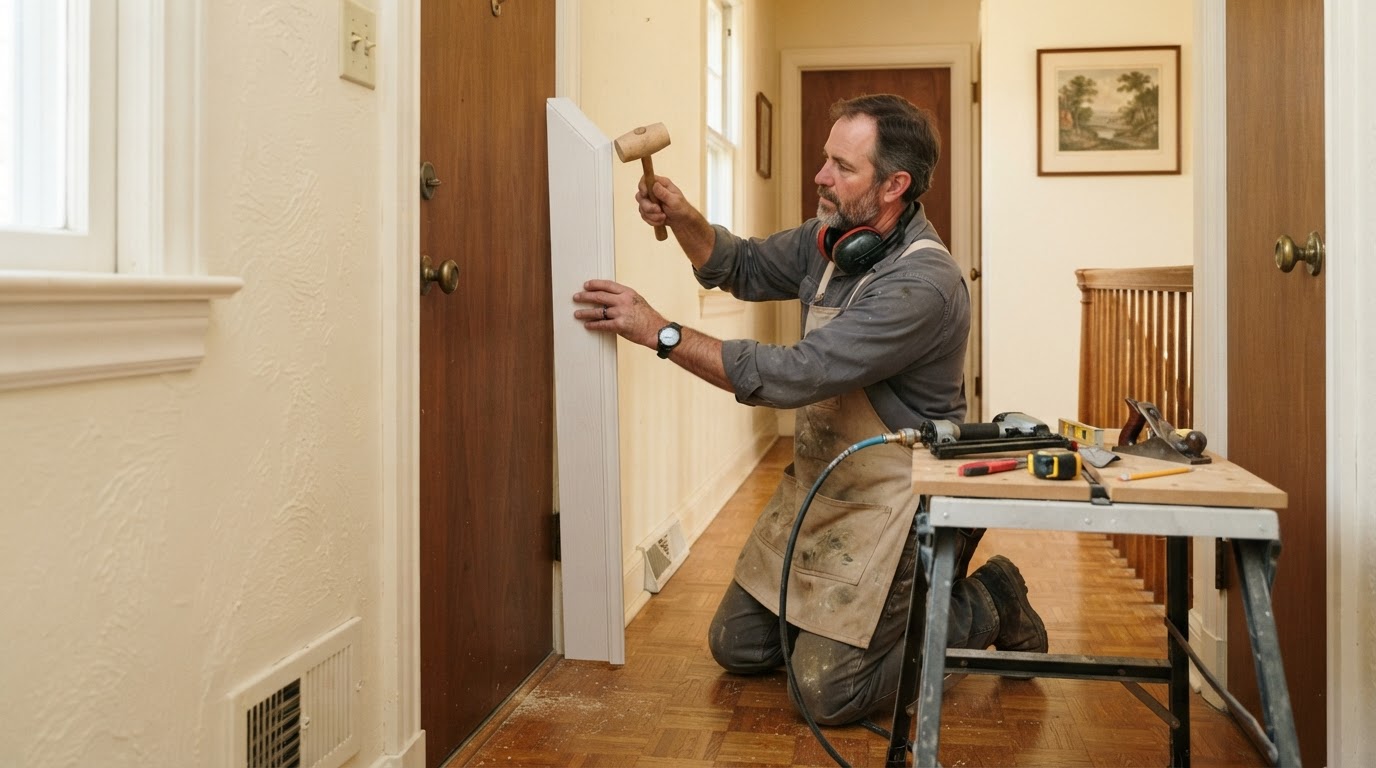 Carpenter fitting door casing and molding in an established postwar-style Florissant interior