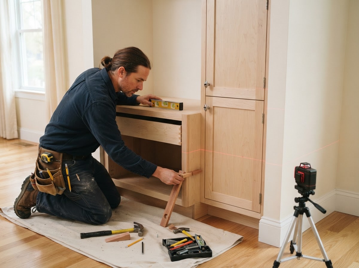 Custom cabinetry being leveled and shimmed in a Maryland Heights-style alcove