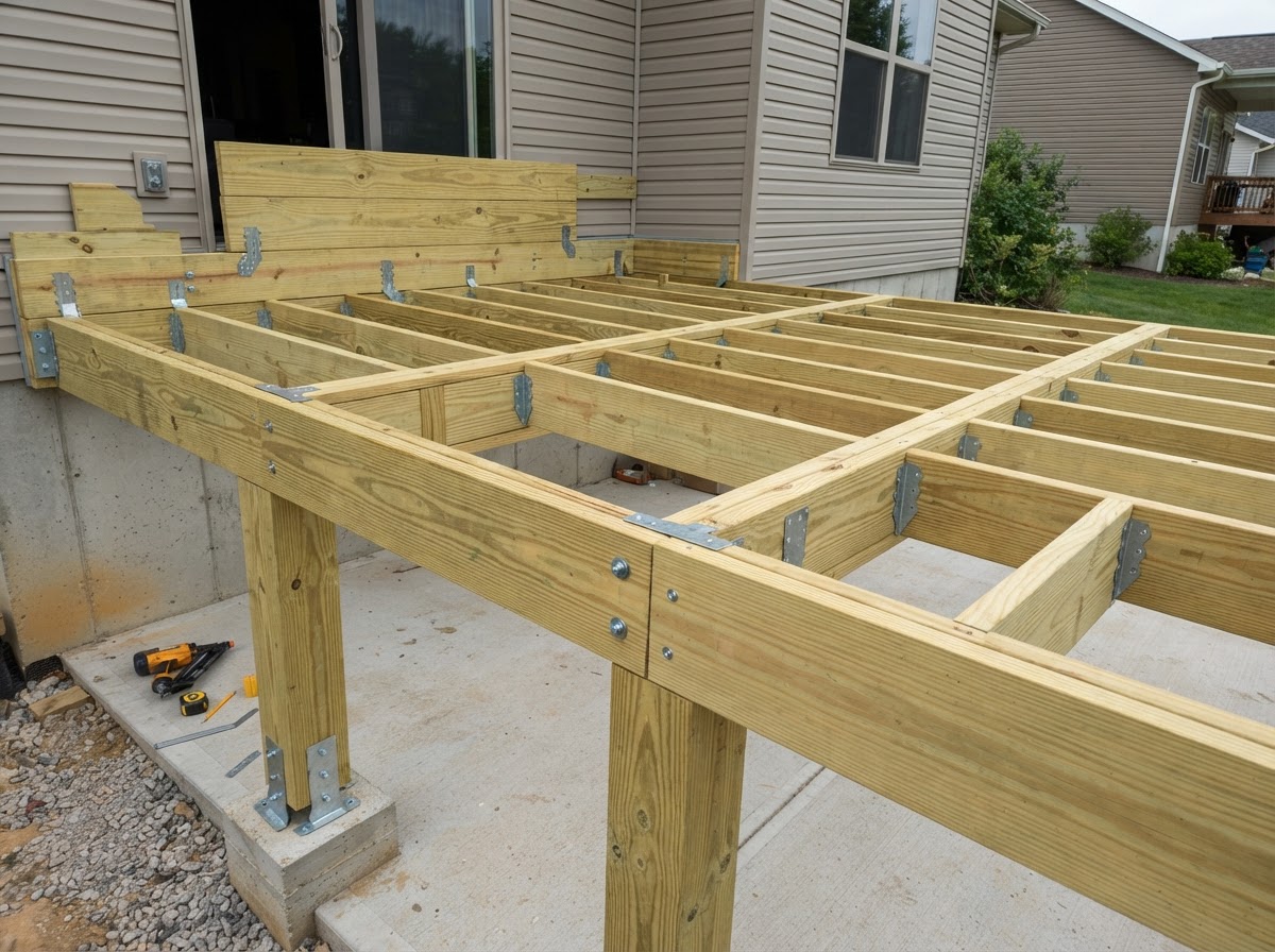 Deck framing with posts, beams, joists, and structural connectors in pressure-treated lumber