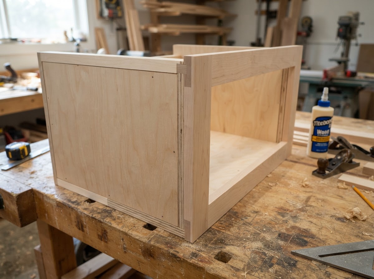 Custom cabinetry assembly using cabinet-grade plywood and hardwood face frames