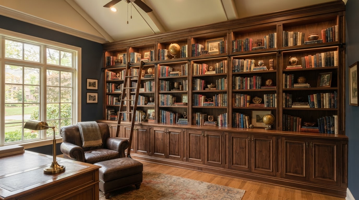 Large built-in bookcase and shelving wall fitted in a spacious Creve Coeur-style suburban home library or living area