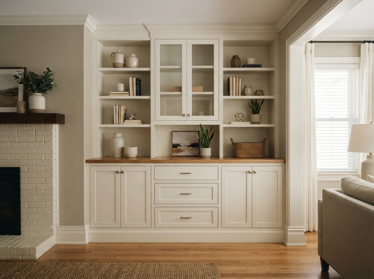 Finished custom storage built-in with clean trim integration and fitted doors and drawers