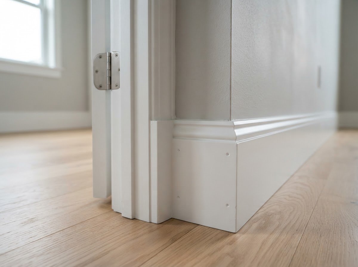 Trim and molding installation along a door casing and baseboard in a finished Hazelwood interior